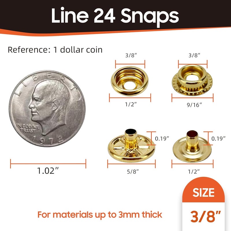 HAPDEN 160 Pcs Snap Buttons, Fasteners Kit 15mm Stainless Steel Marine Grade Boat Canvas Snaps, 3/8" Socket Metal for Clothing Leather Boat Cover Fabric (Gold) - Image 3